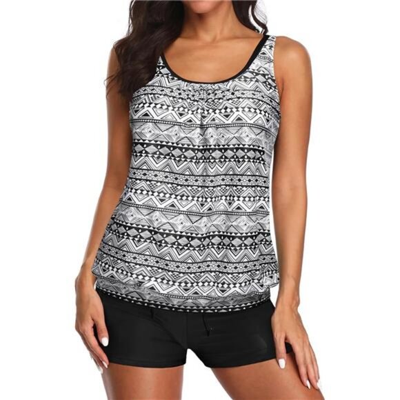 Two Piece Women's Tankini Swimsuits Blouson Swim Tank Top with Shorts - Picture 5 of 7